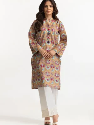 women lawn suit dress shirt gold print